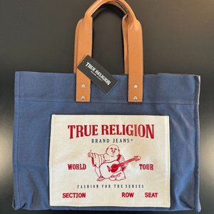 True Religion Large Blue Navy Canvas Tote Bag with Brown Straps - NWT
